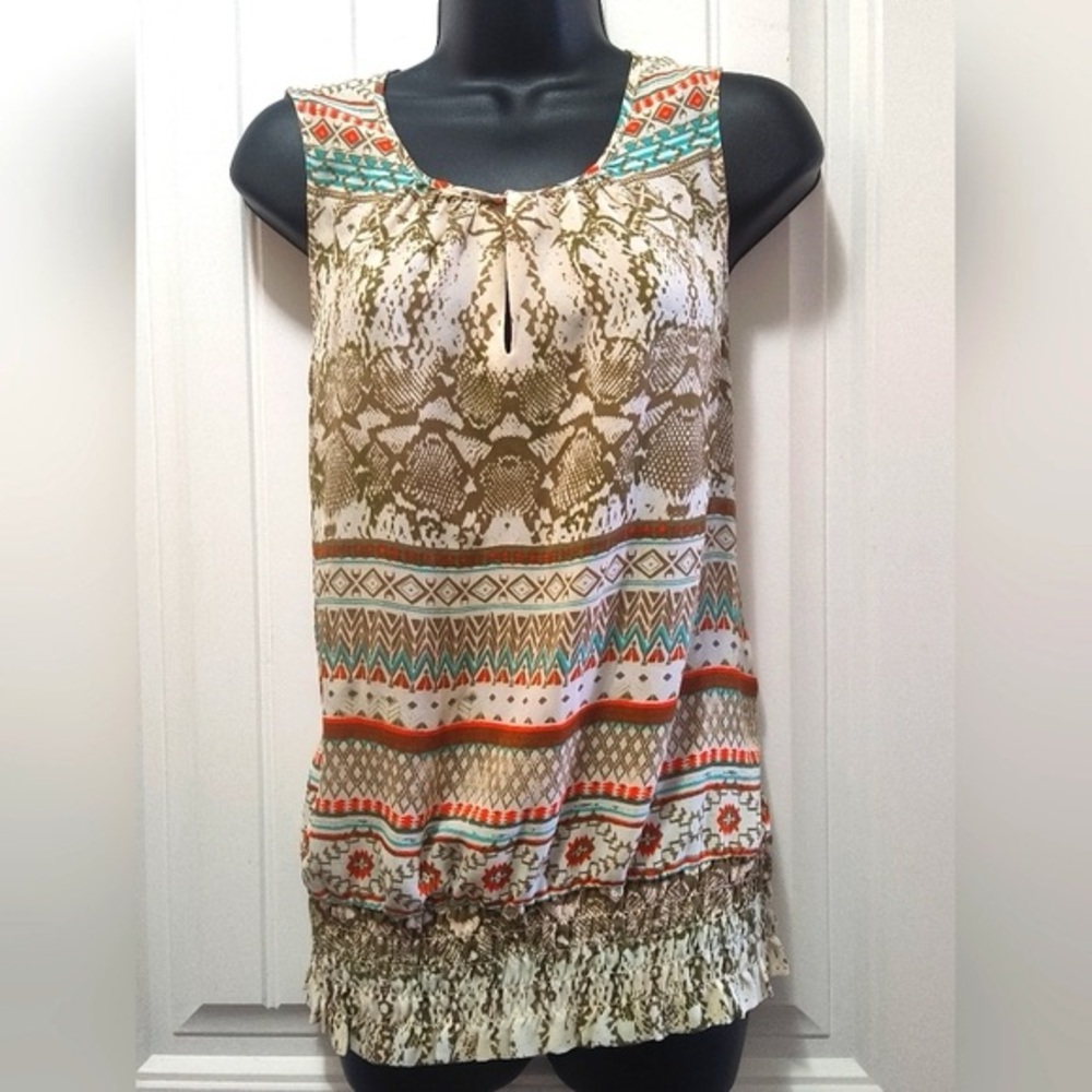 Patterned Sleeveless Top - Multicolor Elastic Waistband Womens Size Large